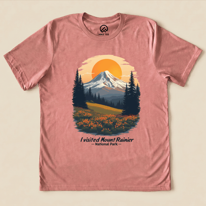 Graphic t-shirt featuring a picturesque mountain scene with the text, "I visited Mount Rainier National Park.
