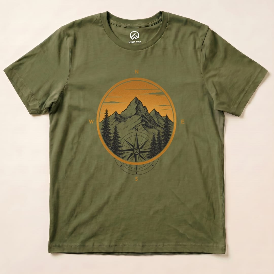 Mountain With Compass Shirt Hike Tee T-Shirt Military Green / S