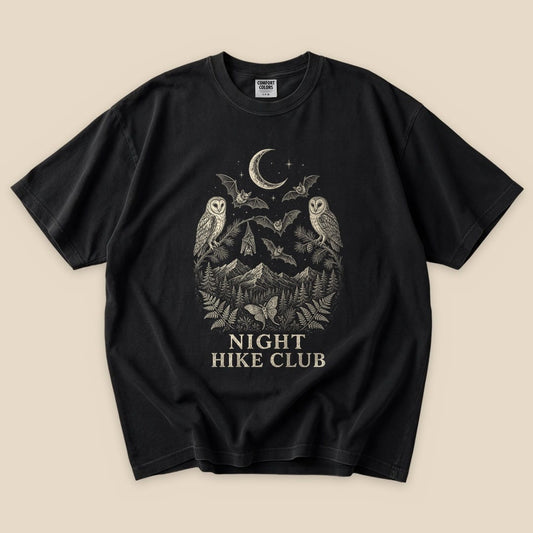 Black Night Hike Club Engraved T-Shirt with an engraved owls, bats and night mountains graphic