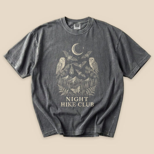 Pepper Night Hike Club Engraved T-Shirt with an engraved owls, bats and night mountains graphic