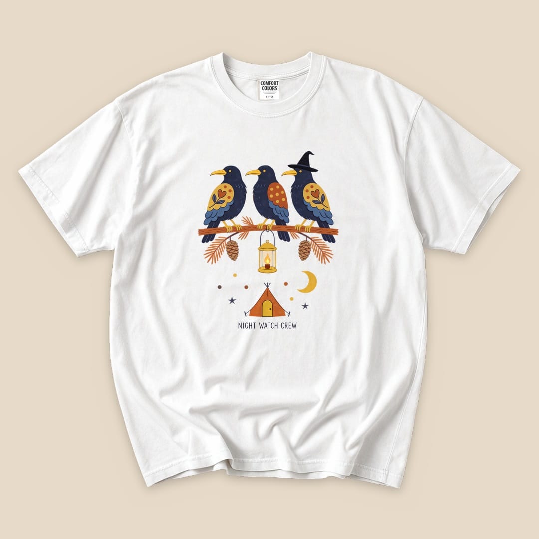 The "Night Watch Crew T-Shirt" features three colorful birds perched on a branch, with a lantern and camping scene below.