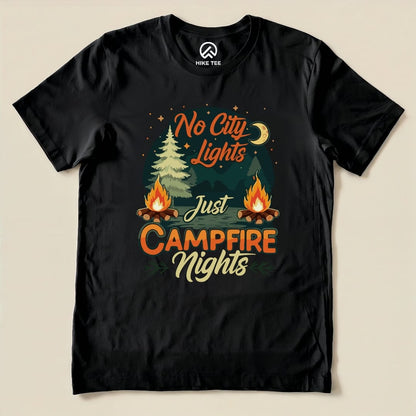 The black graphic t-shirt features the slogan "No City Lights Just Campfire Nights" with illustrations of trees and campfires.