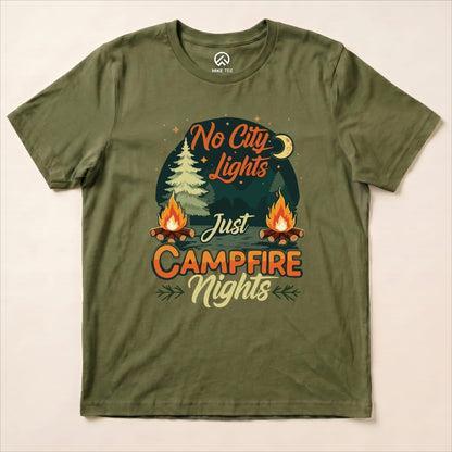 Graphic t-shirt featuring "No City Lights Just Campfire Nights" with trees and campfires on a green background.