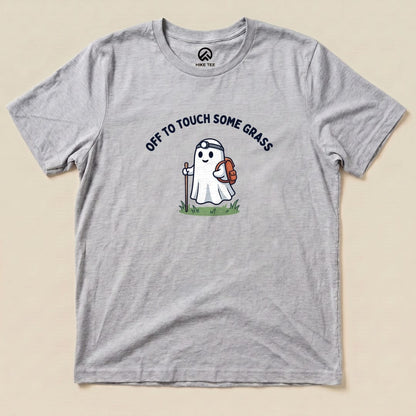 Athletic Heather Off to Touch Some Grass Shirt with a ghost hiker with a headlamp and backpack graphic