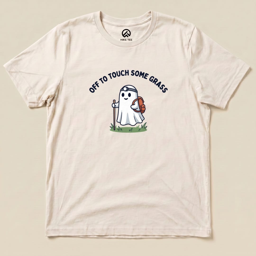 Natural Off to Touch Some Grass Shirt with a ghost hiker with a headlamp and backpack graphic