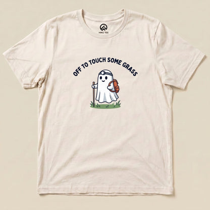 Natural Off to Touch Some Grass Shirt with a ghost hiker with a headlamp and backpack graphic