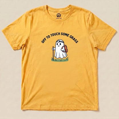 Gold Off to Touch Some Grass Shirt with a ghost hiker with a headlamp and backpack graphic