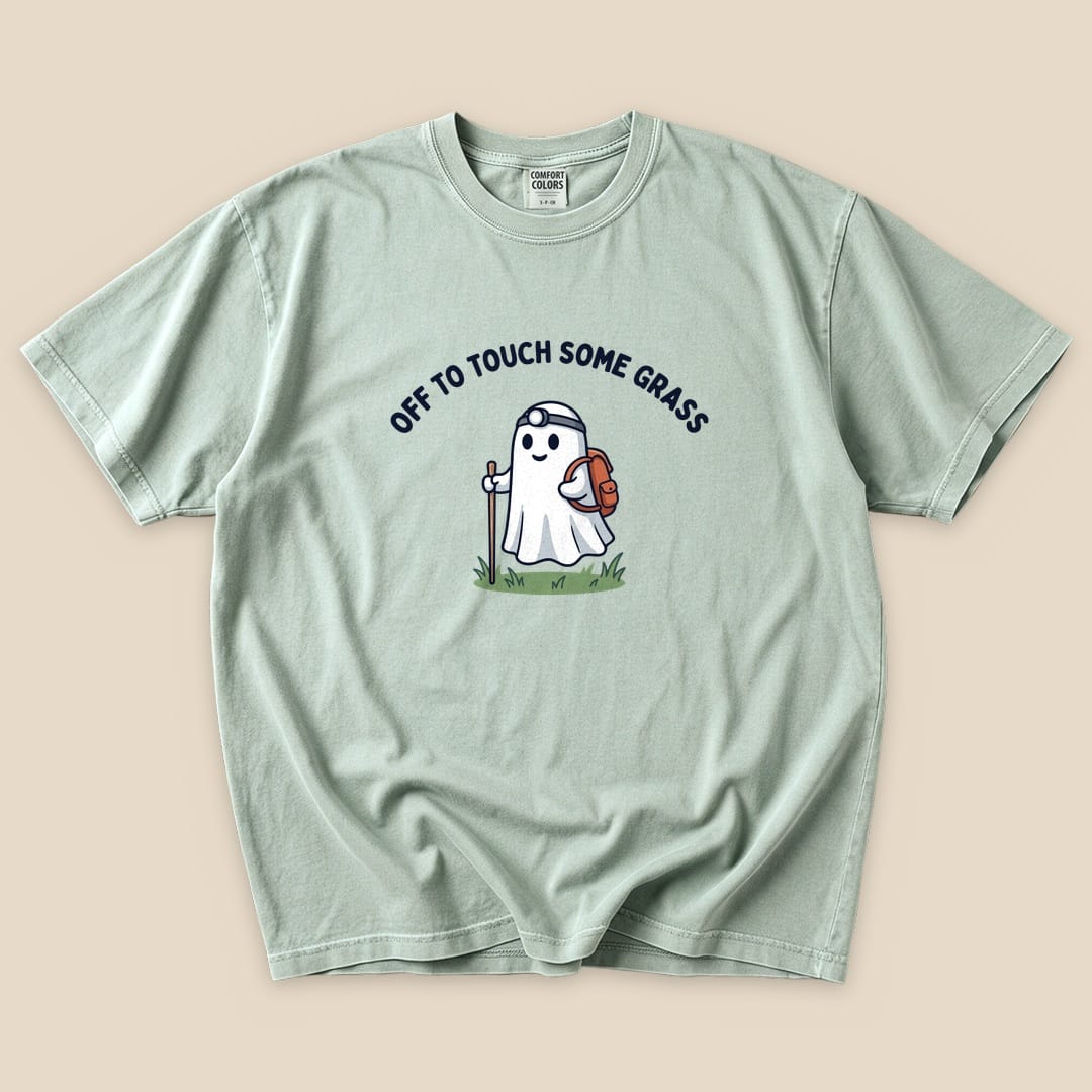 Bay Off to Touch Some Grass T-Shirt with a ghost hiker with a headlamp and backpack graphic