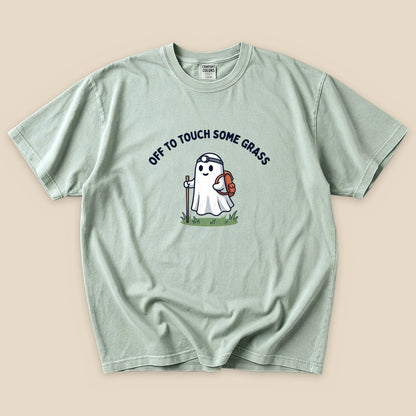 Bay Off to Touch Some Grass T-Shirt with a ghost hiker with a headlamp and backpack graphic