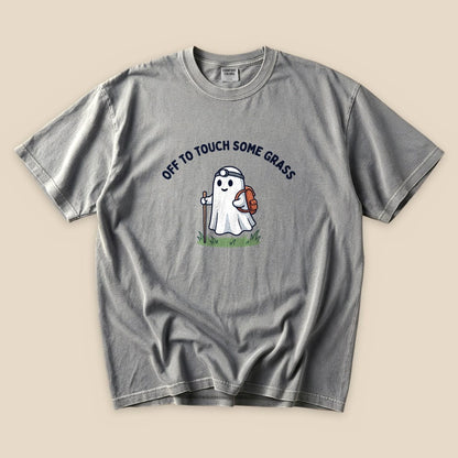 Grey Off to Touch Some Grass T-Shirt with a ghost hiker with a headlamp and backpack graphic
