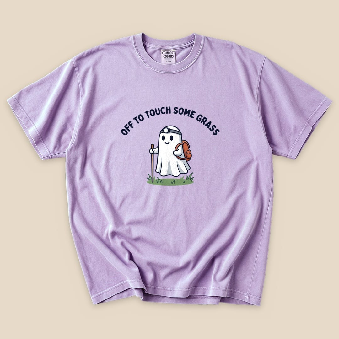 Orchid Off to Touch Some Grass T-Shirt with a ghost hiker with a headlamp and backpack graphic