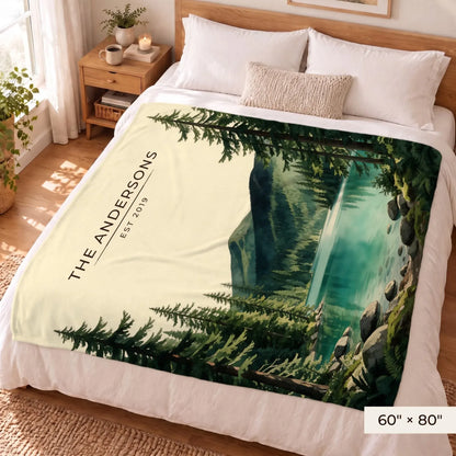 Olympic Lake Crescent Sherpa Blanket 60x80 on a queen bed