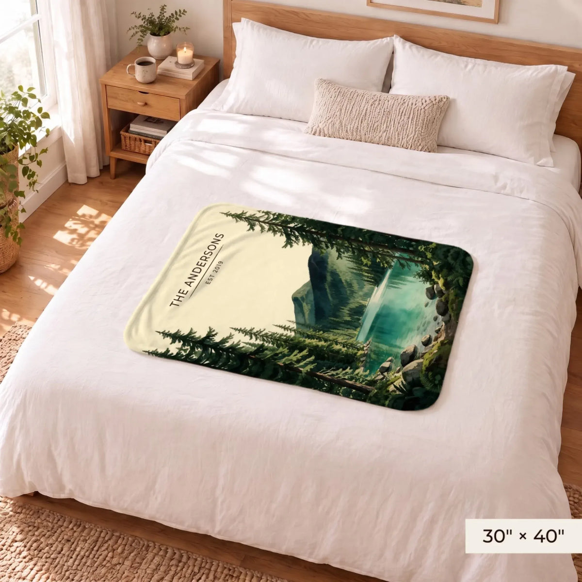 Olympic Lake Crescent Sherpa Blanket 30x40 on a queen bed