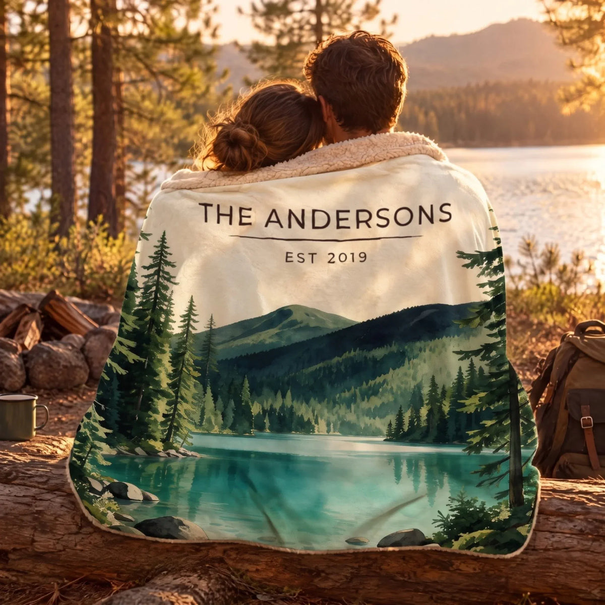 Couple wrapped in the Olympic Lake Crescent Sherpa Blanket by a lake