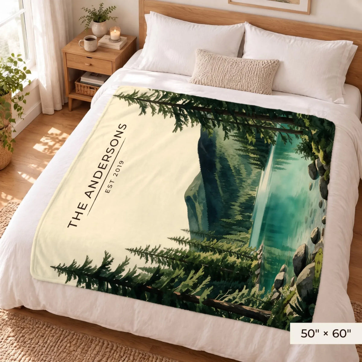 Olympic Lake Crescent Sherpa Blanket 50x60 on a queen bed