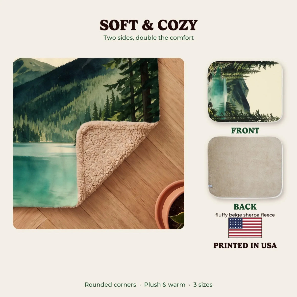 Soft and cozy sherpa blanket, printed in the USA