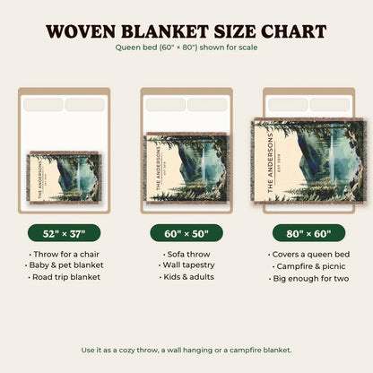Woven blanket size chart 52x37, 60x50, 80x60