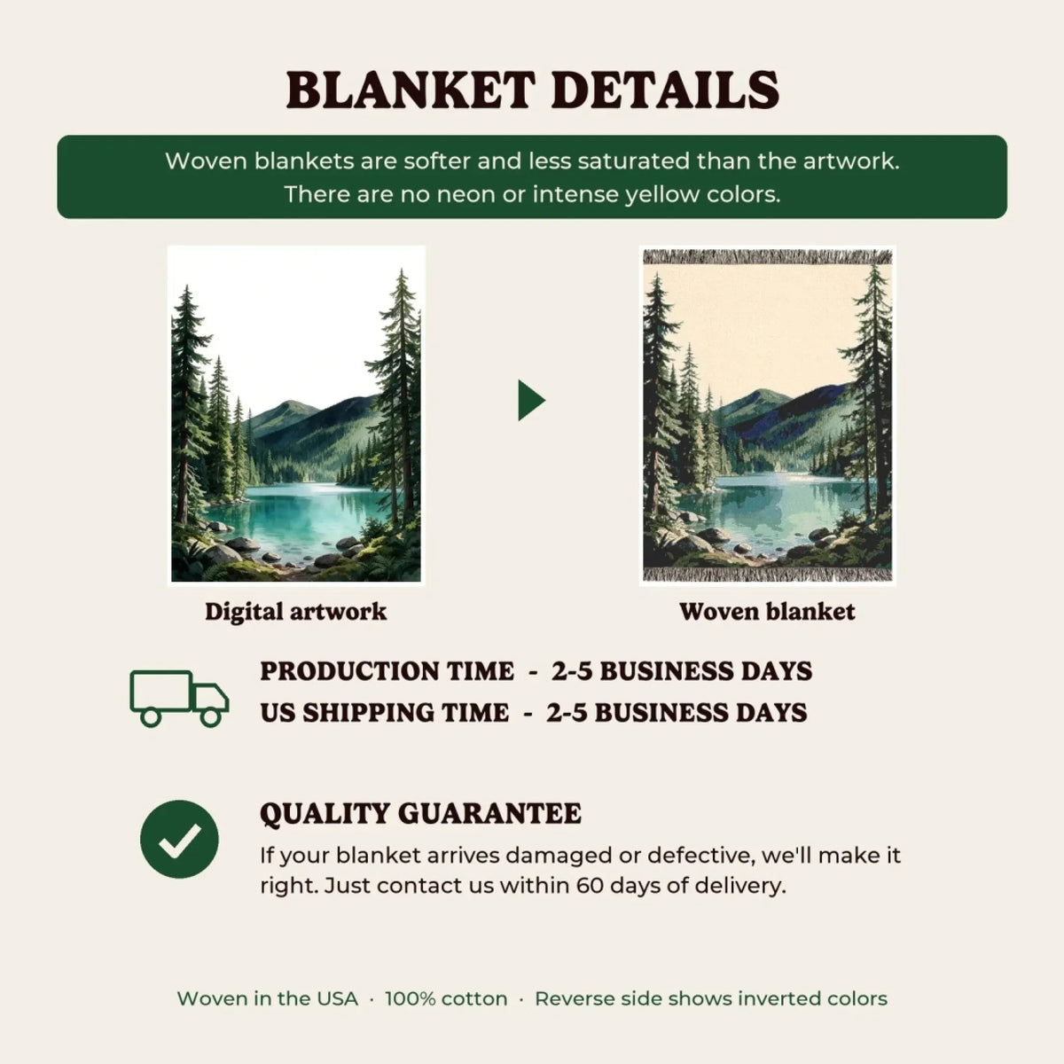Woven blanket details, production time and quality guarantee