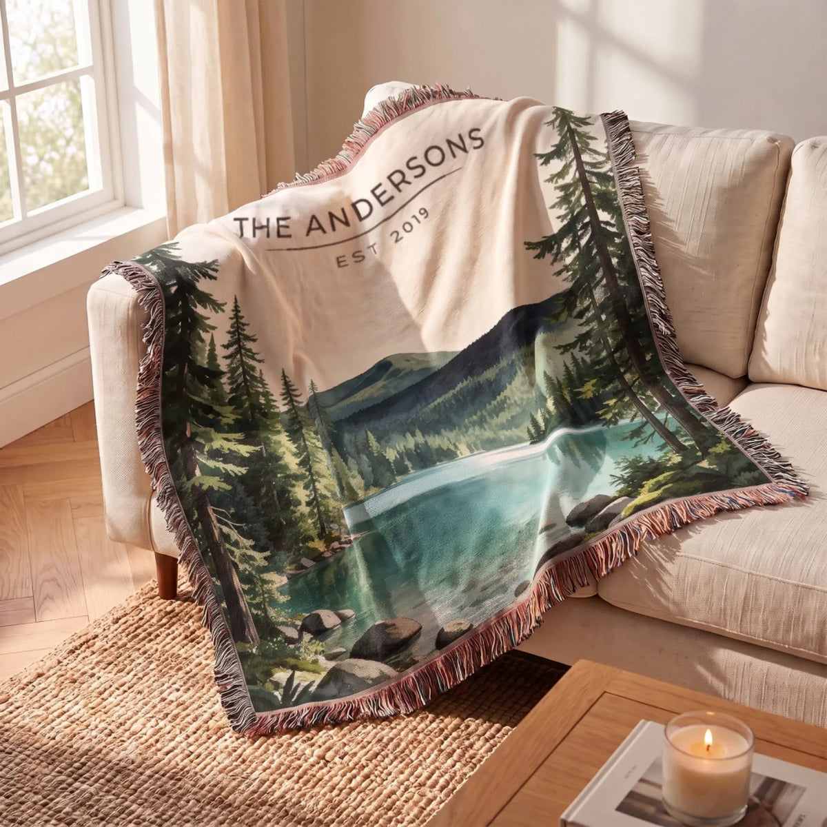 Olympic Lake Crescent Woven Blanket draped over a sofa