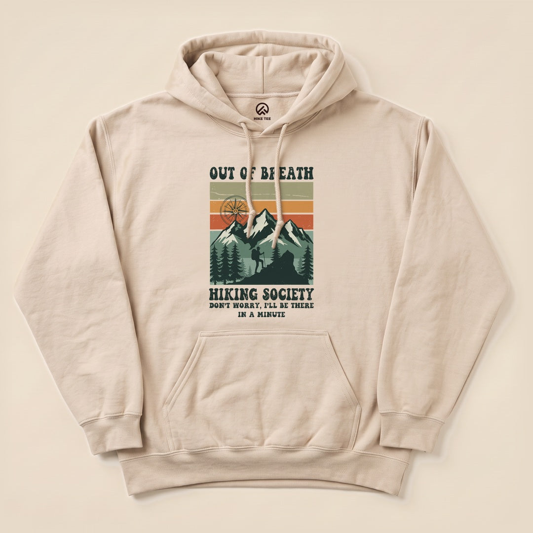 Sand Out of Breath Hiking Society Hoodie with a vintage mountain badge