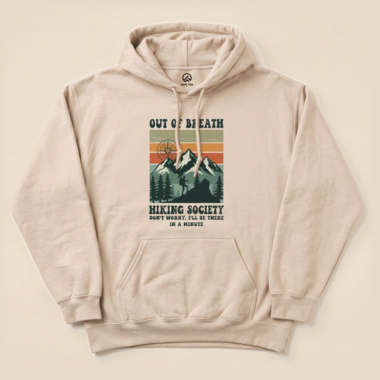 Sand Out of Breath Hiking Society Hoodie with a vintage mountain badge