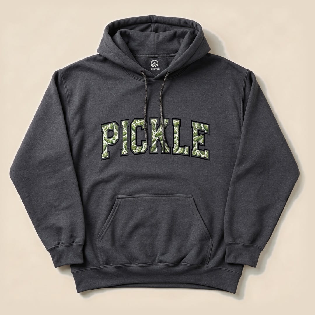 A graphic "Pickle Camping Hoodie" features the bold word "PICKLE" in green textured letters, set against a dark background.
