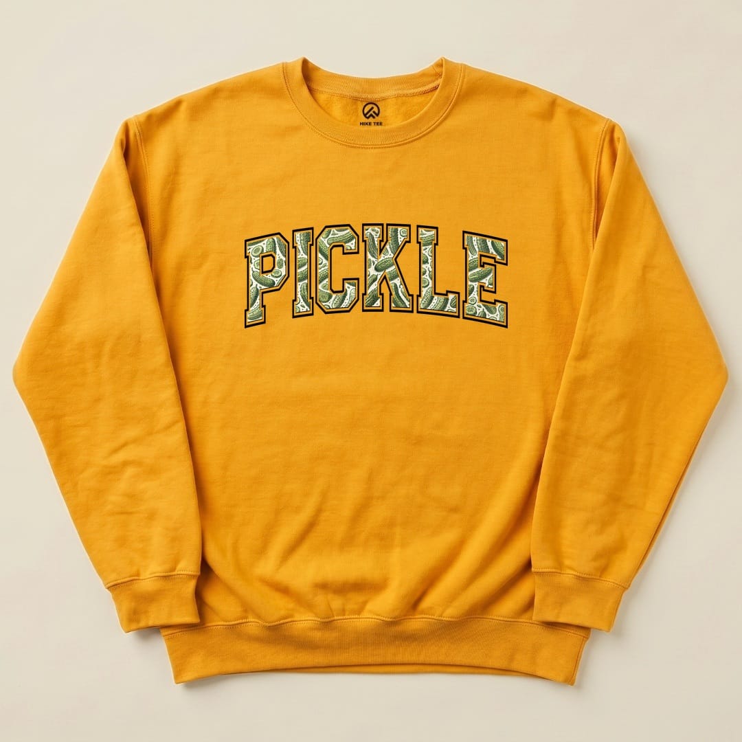 A vibrant yellow "Pickle Camping Sweatshirt" featuring the word "PICKLE" in bold, textured green lettering.