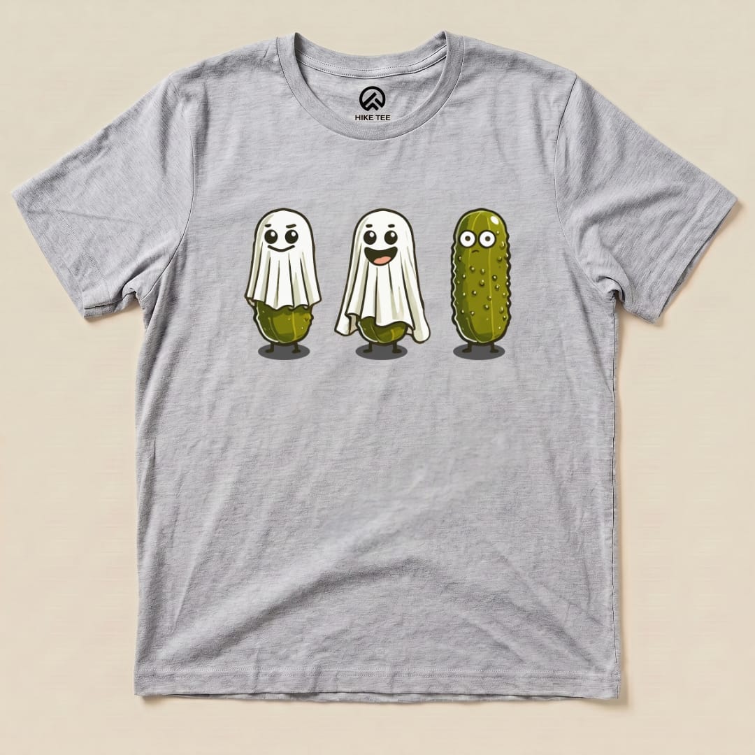 The graphic t-shirt features three cartoon pickle ghosts with friendly faces and a solid pickle, labeled as the "Pickle Ghosts Shirt.