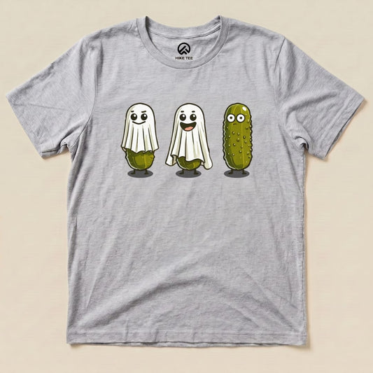 The graphic t-shirt features three cartoon pickle ghosts with friendly faces and a solid pickle, labeled as the "Pickle Ghosts Shirt.