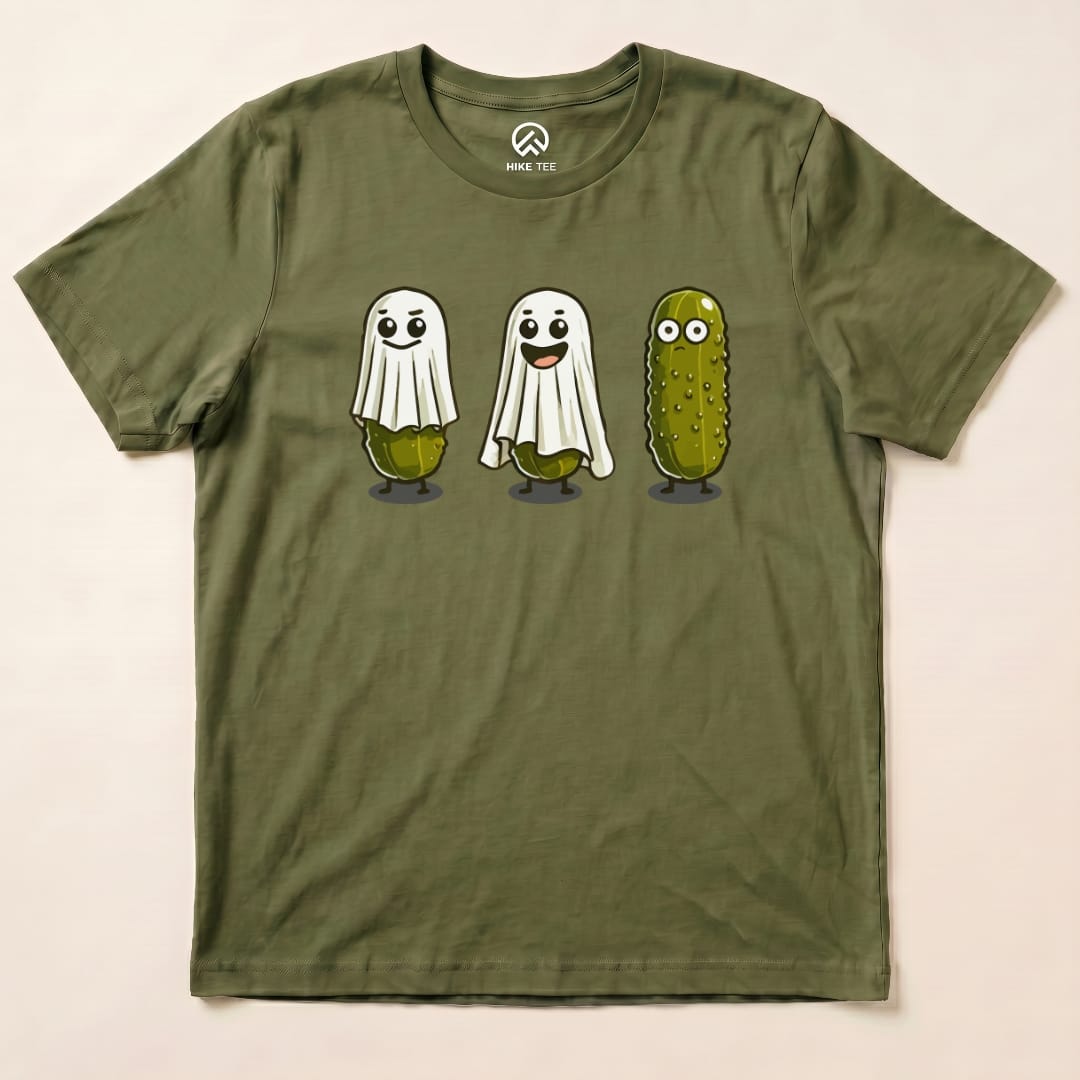 Graphic t-shirt featuring three playful pickle ghosts, including one with a smiling face, labeled as the "Pickle Ghosts Shirt.