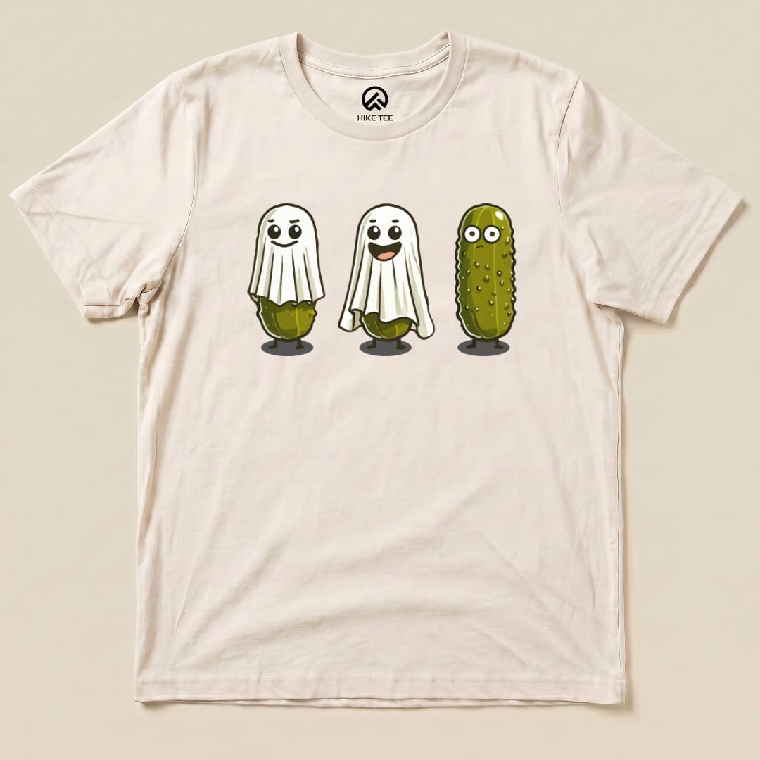 The "Pickle Ghosts Shirt" features three cartoon pickle ghosts with happy faces on a light background, designed as a graphic t-shirt.
