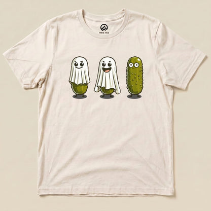 The "Pickle Ghosts Shirt" features three cartoon pickle ghosts with happy faces on a light background, designed as a graphic t-shirt.