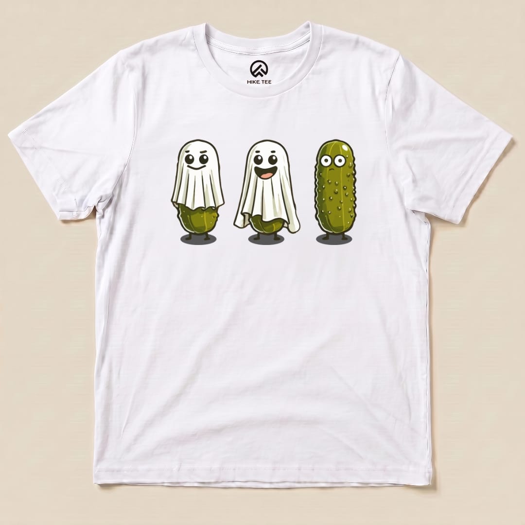 A graphic t-shirt featuring three playful pickle ghosts with smiling faces, labeled as the "Pickle Ghosts Shirt.
