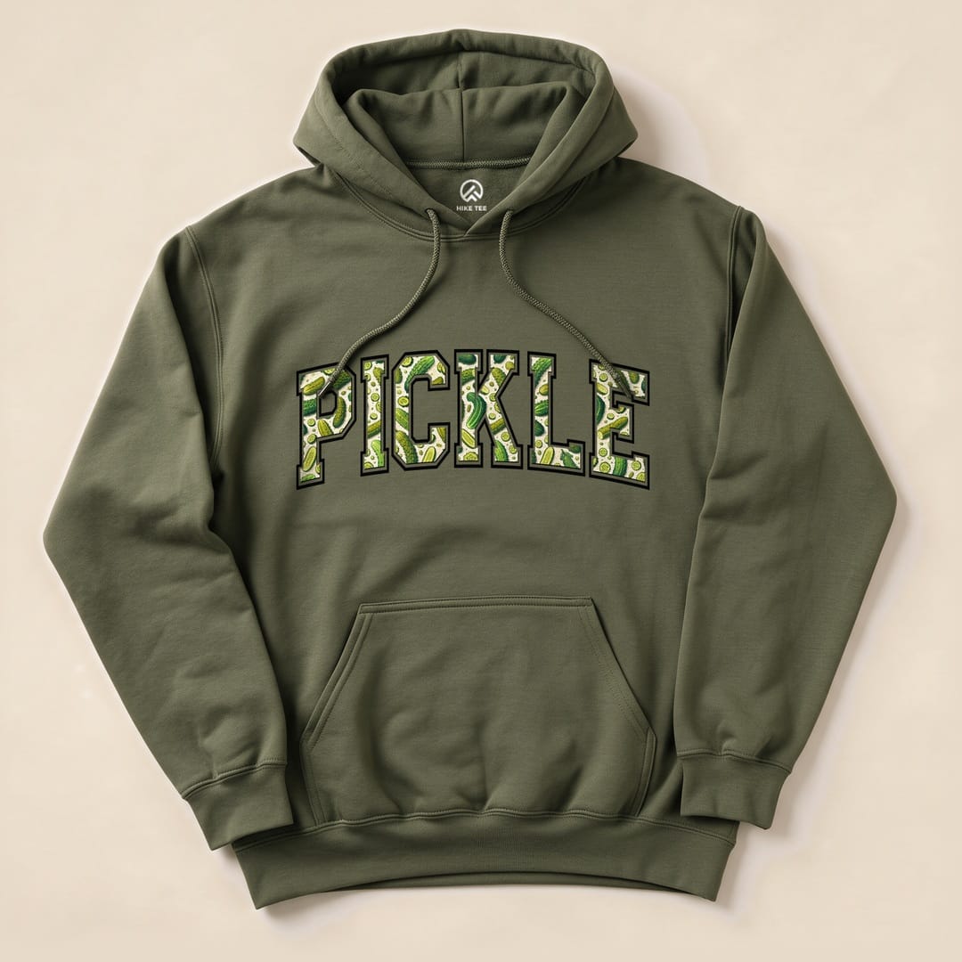 A graphic t-shirt features the word "PICKLE" in bold, green lettering, with a playful pickle pattern on an olive green "Pickle Hoodie.