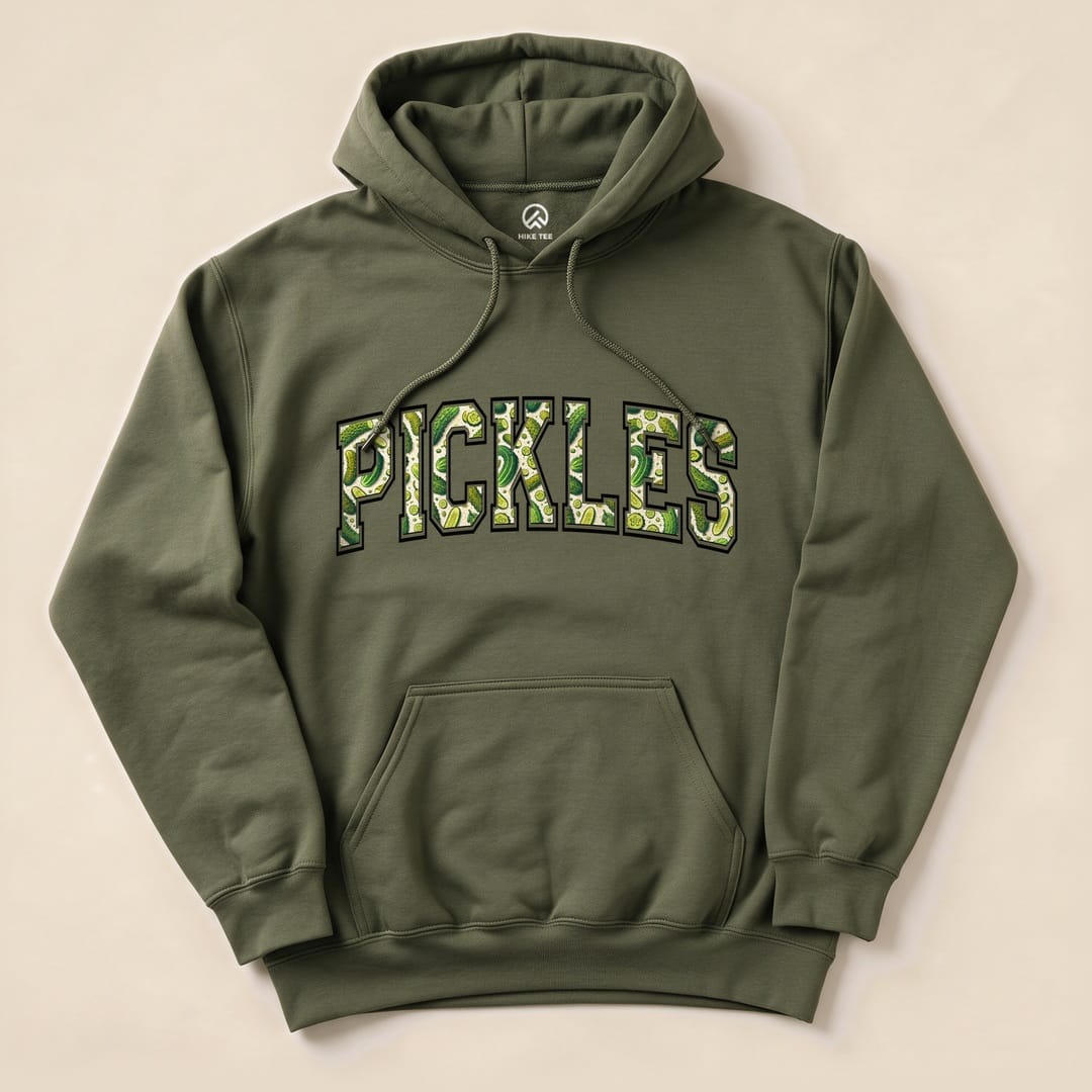 Olive green "Pickles Hoodie" featuring bold, playful lettering filled with pickle illustrations, displayed flat on a light background.