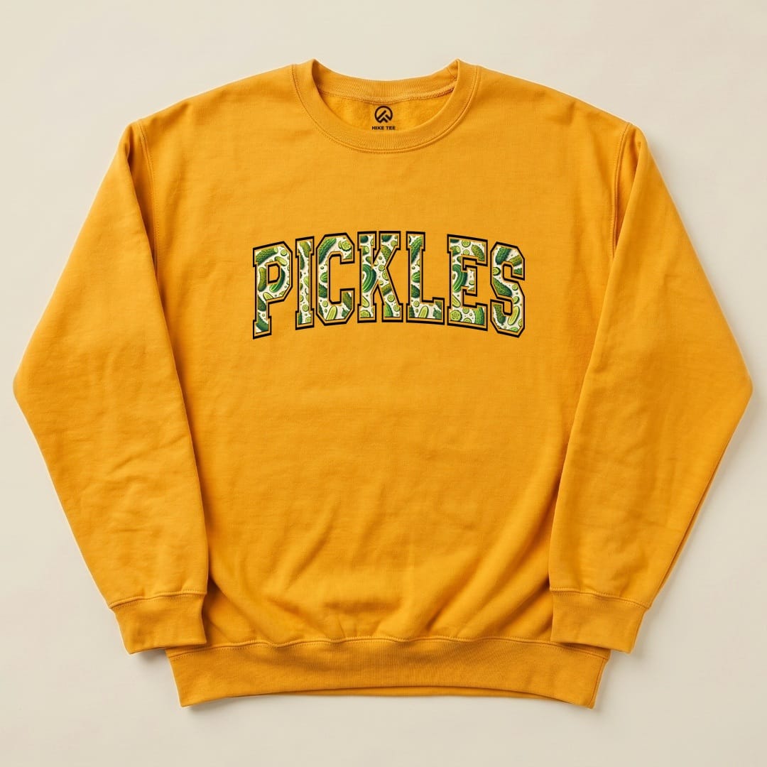 A vibrant yellow "Pickles Sweatshirt" features bold, green lettering that spells out "PICKLES" with a playful graphic design.