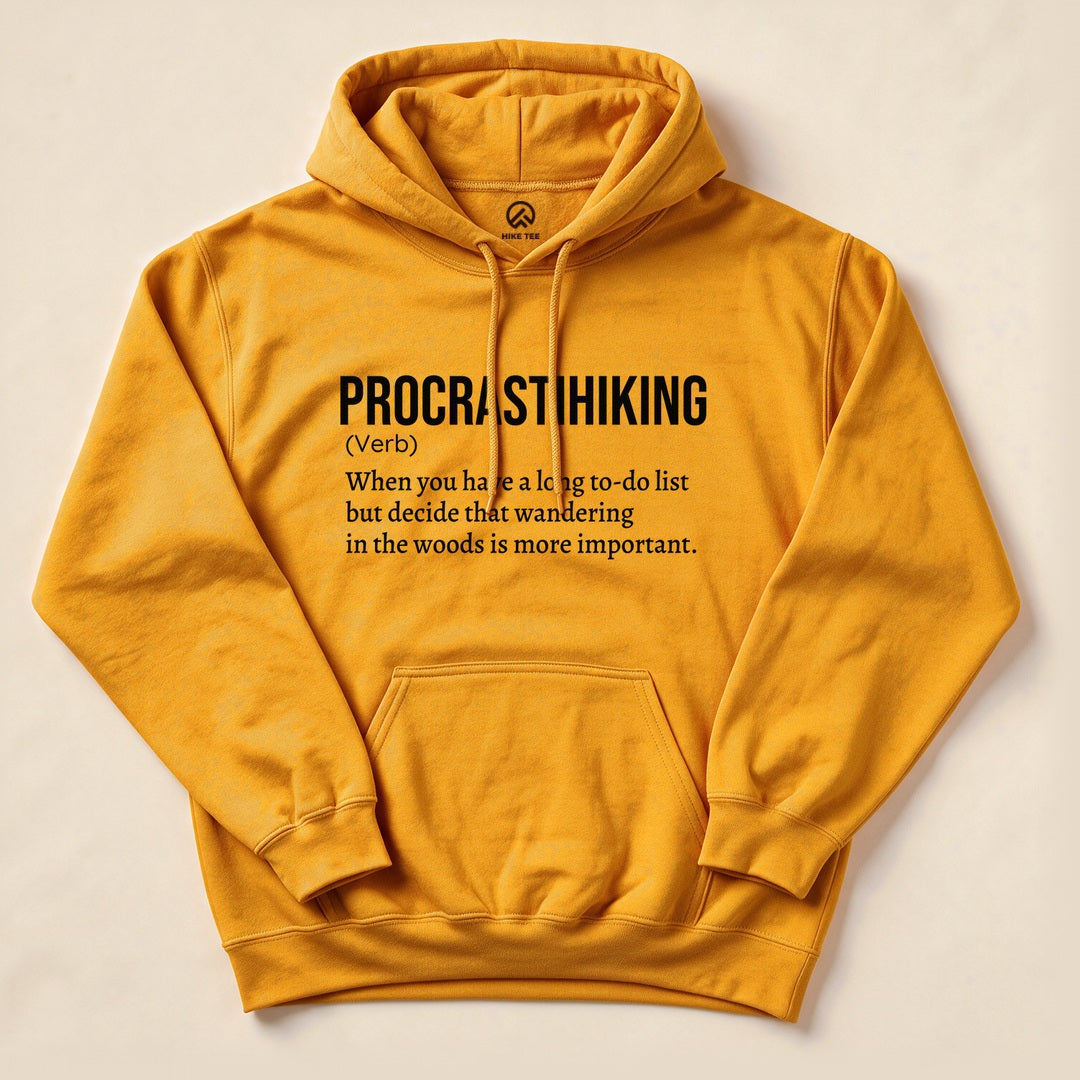 Gold Procrastihiking Definition Hoodie with a dictionary definition print