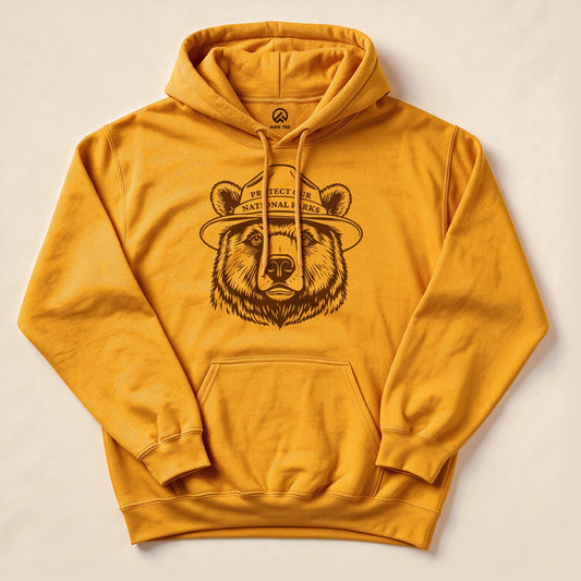 Gold Protect Our National Parks Bear Hoodie with a line art bear badge