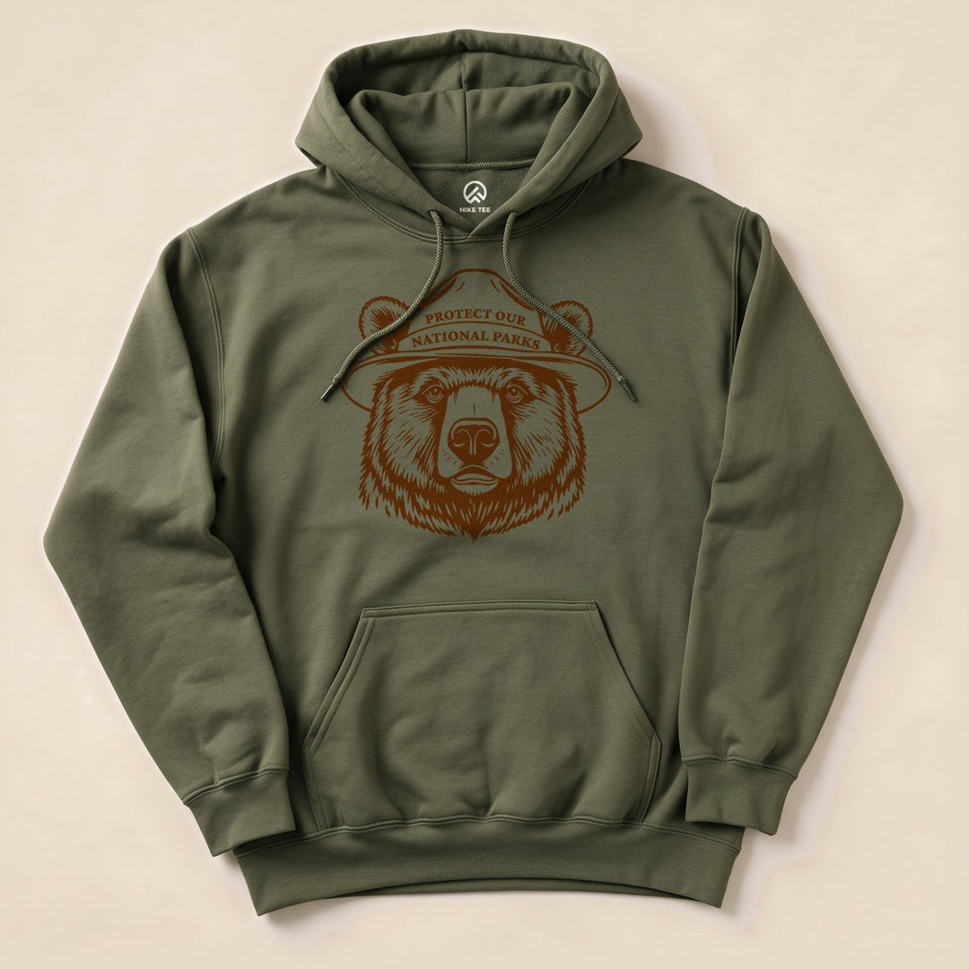 Military Green Protect Our National Parks Bear Hoodie with a line art bear badge