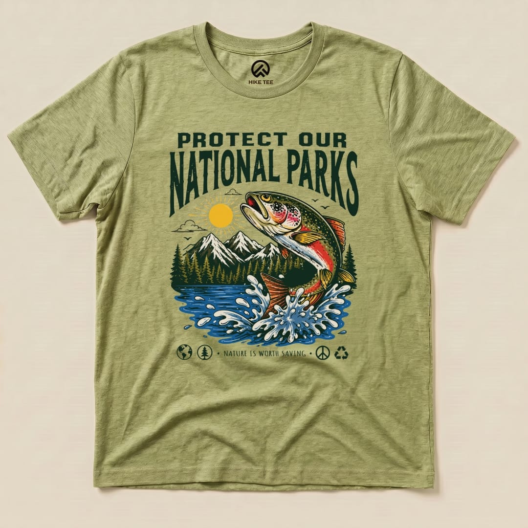 Protect Our National Parks Fish Shirt Hike Tee T-Shirt Heather Green / S