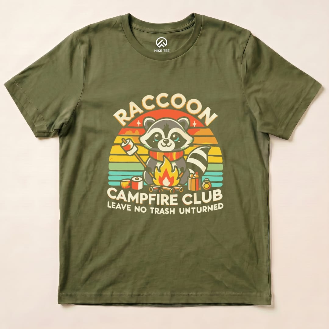 Raccoon Campfire Club Camping Shirt Hike Tee T-Shirt Military Green / S