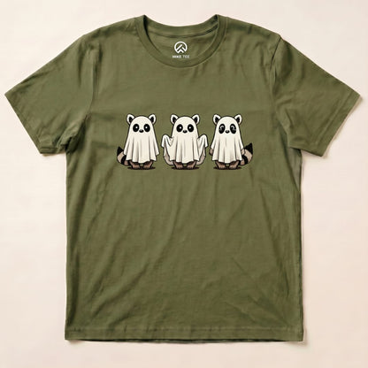 The Raccoon Ghosts Shirt features three cute raccoons in ghost costumes on an olive green graphic t-shirt.
