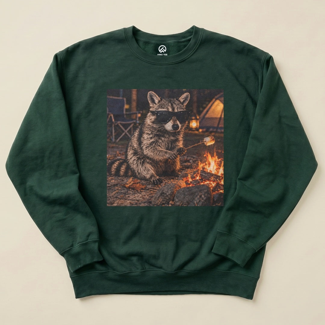 Forest Green Raccoon in Sunglasses Sweatshirt with a raccoon in sunglasses roasting a marshmallow by the campfire graphic