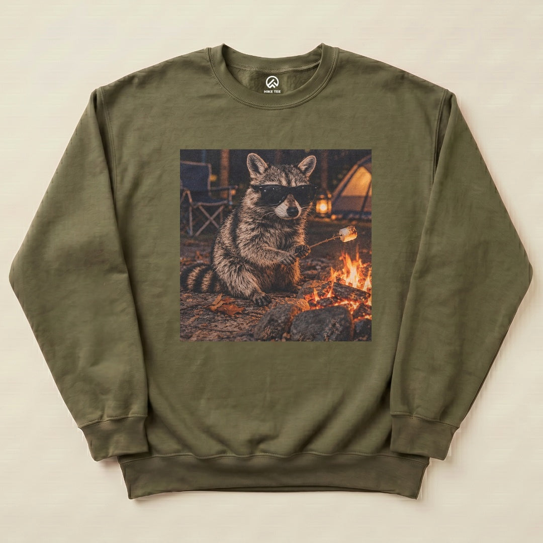Military Green Raccoon in Sunglasses Sweatshirt with a raccoon in sunglasses roasting a marshmallow by the campfire graphic