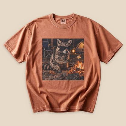 A graphic t-shirt featuring a raccoon in sunglasses sitting by a campfire, playfully roasting a marshmallow.