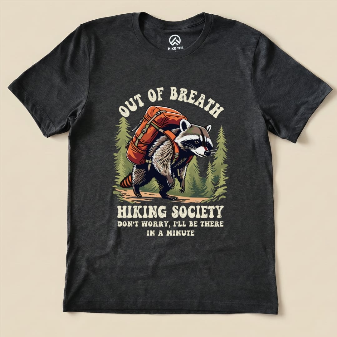 Raccoon Out of Breath Shirt Hike Tee T-Shirt Dark Grey Heather / S