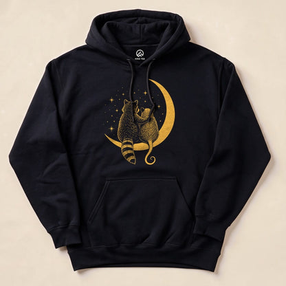 Black Raccoon Possum Moon Hoodie with a raccoon and possum sitting on a crescent moon graphic