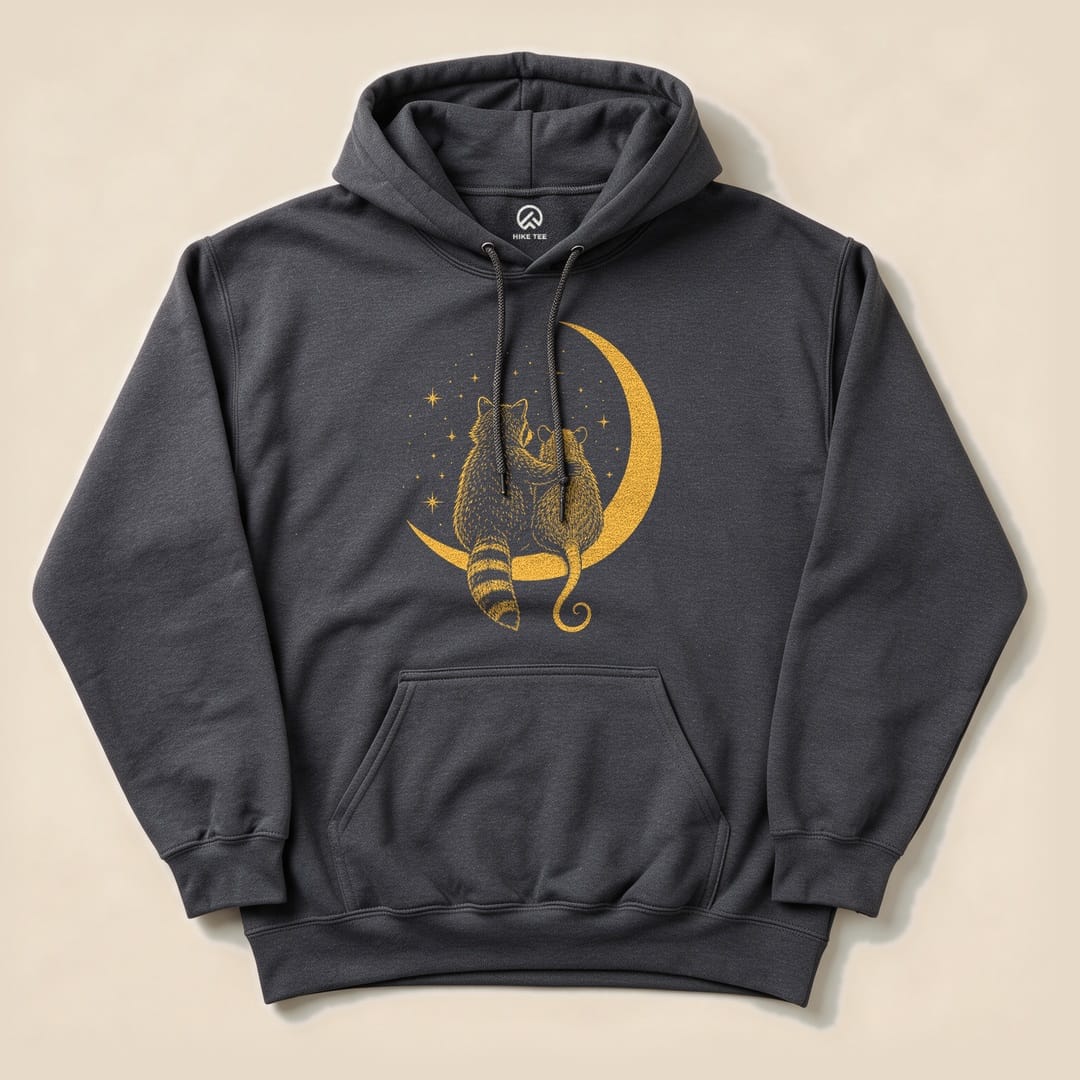 Dark Heather Raccoon Possum Moon Hoodie with a raccoon and possum sitting on a crescent moon graphic