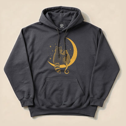 Dark Heather Raccoon Possum Moon Hoodie with a raccoon and possum sitting on a crescent moon graphic