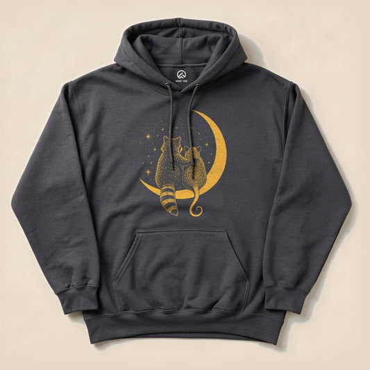 Dark Heather Raccoon Possum Moon Hoodie with a raccoon and possum sitting on a crescent moon graphic